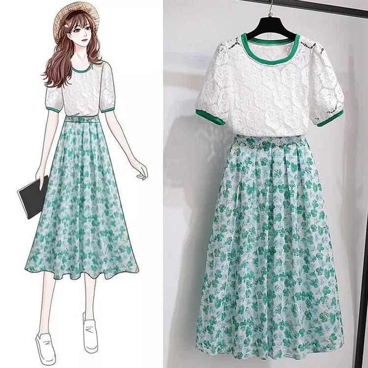 Sweet Lace Tee+Embroidery Skirt P15783