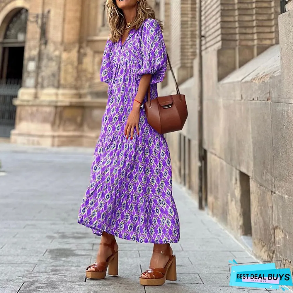 Short Sleeved Medium Length Bohemian Print Dress