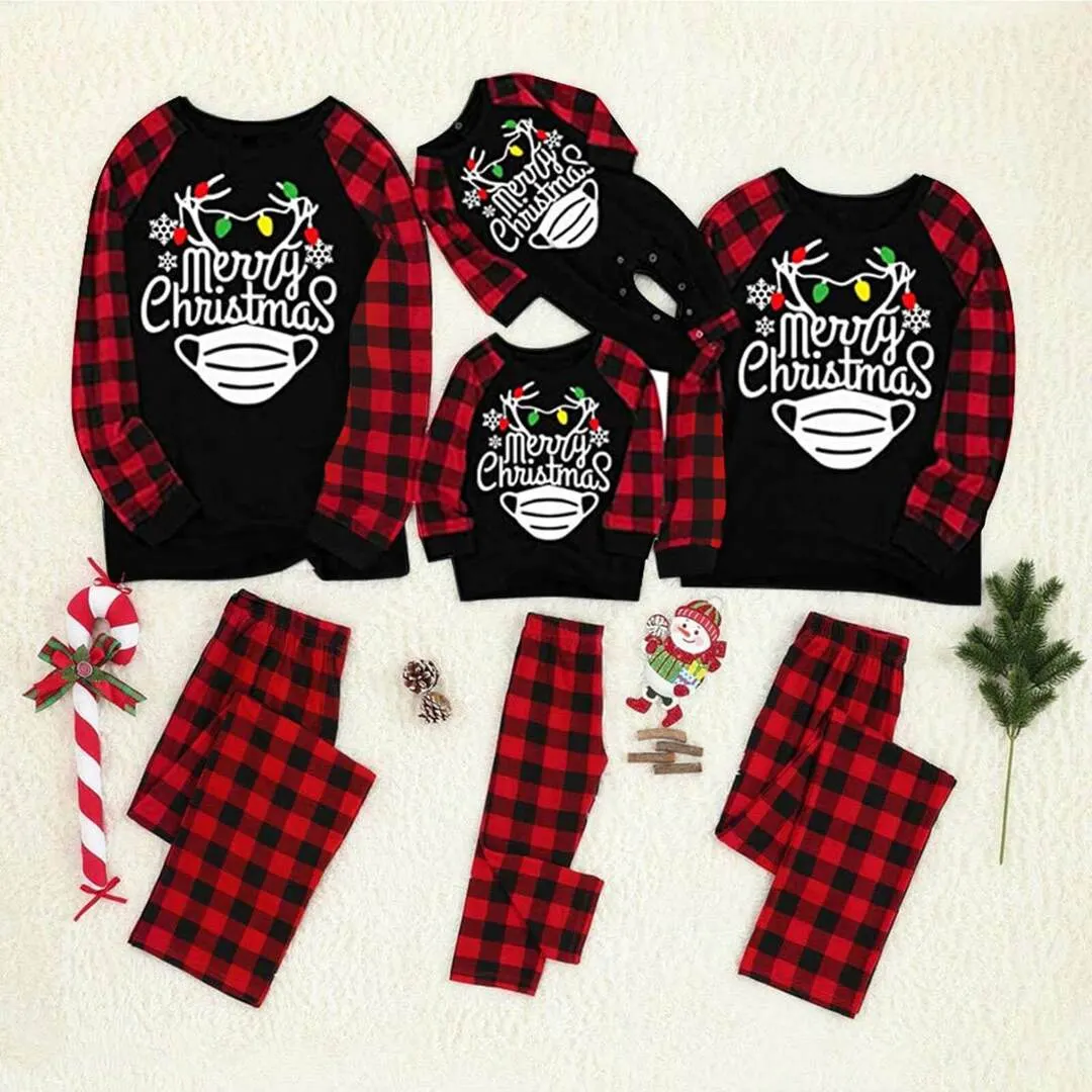 Christmas Letter Top and Buffalo Plaid Pants Family Matching Pajamas Sets