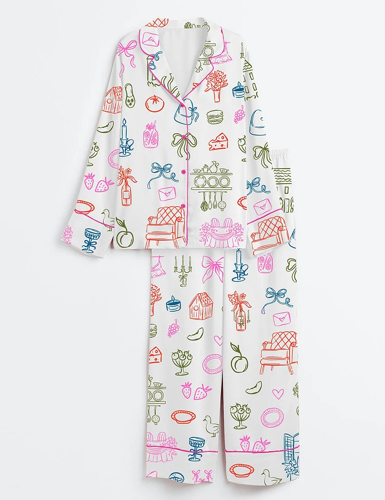 Women&rsquo;s Cottagecore Cozy Countryside Farmhouse Aesthetic And Whimsical Wedding Prints Long Sleeve Satin Pajama Set