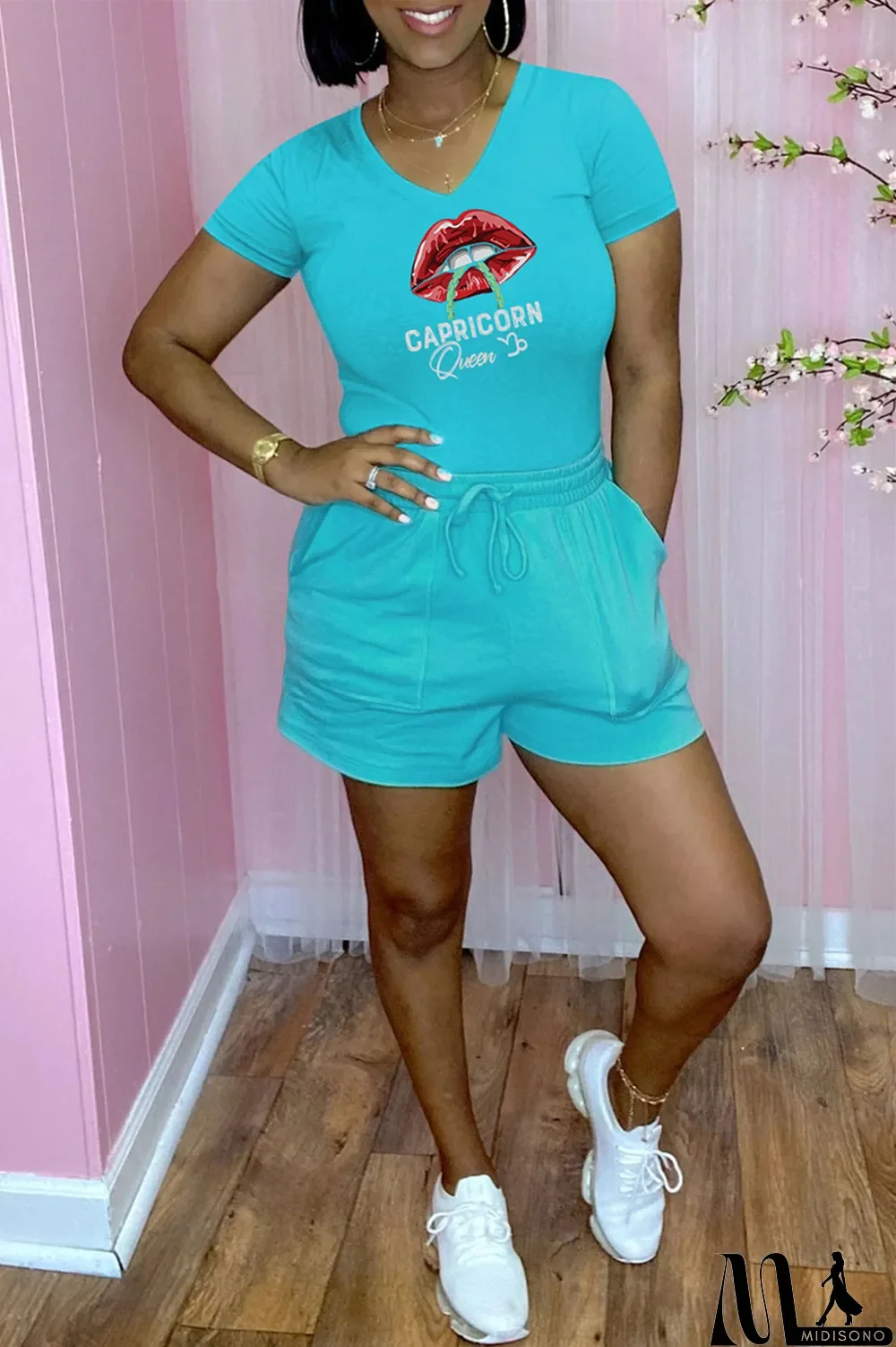 MidiSono - Rose Red Fashion Casual Lips Printed Basic V Neck Short Sleeve Two Pieces