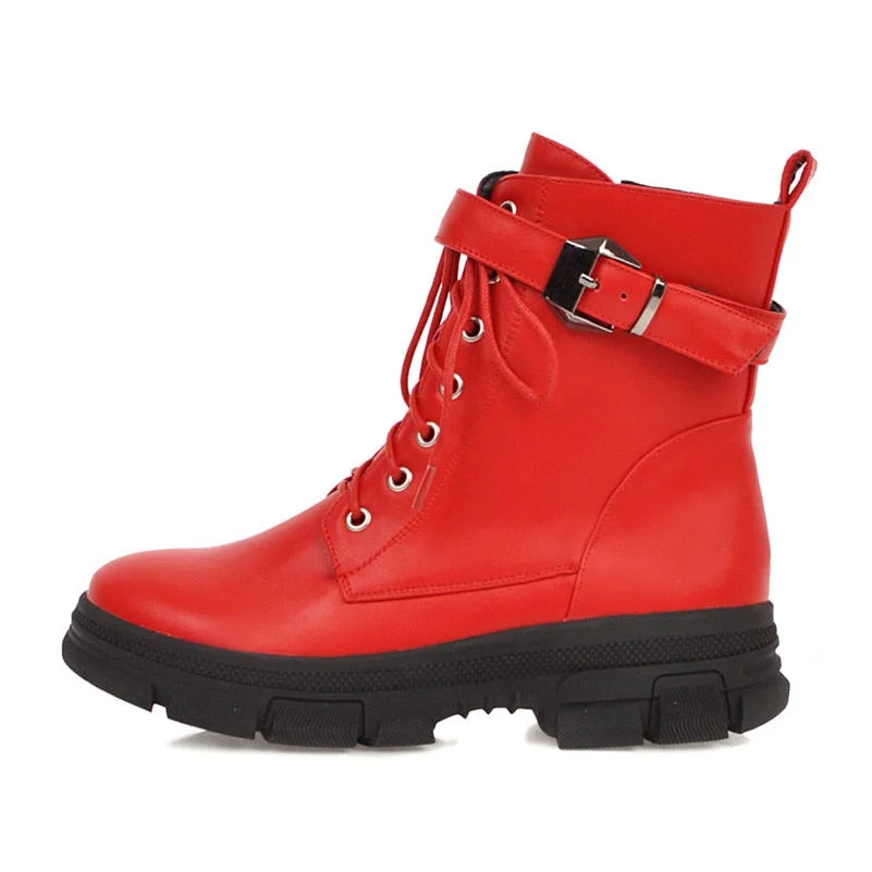 Meotina Winter Motorcycle Boots Women Buckle Flat Platform Ankle Boots Zipper Round Toe Shoes Ladies Autumn Red Plus Size 34-43