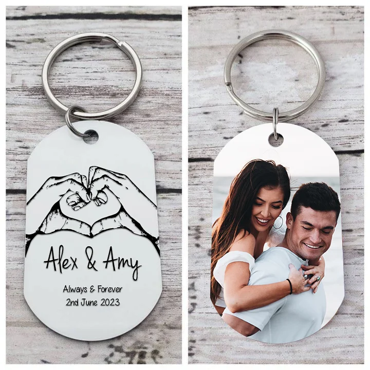 Personalized Couple Photo Keychain Custom 2 Names & Date Keyring "Always & Forever" Valentine's Day Gift For Couples