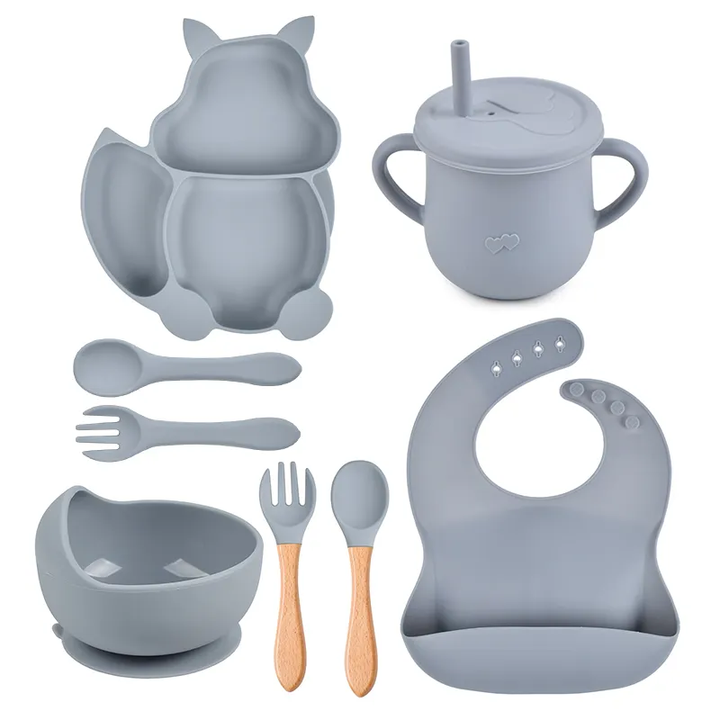 8Pcs Silicone Baby Feeding Tableware Set Includes Suction Bowl & Divided Plates & Adjustable Bib & Straw Sippy Cup with Lid & Forks & Spoons