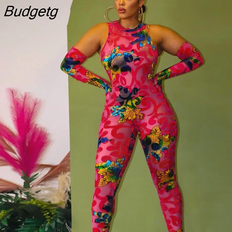 Budgetg 2023 Stretchy Bodycon Party Club Romper Midnight Women Floral Print Sheer Mesh Jumpsuit with Gloves One Pieces Overalls