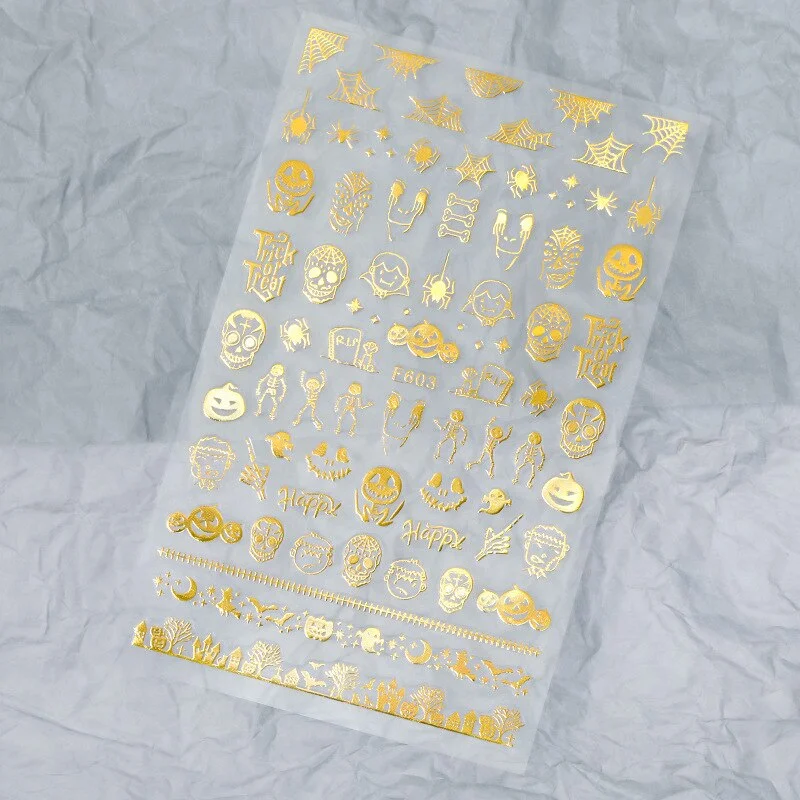 Halloween Nail Art Stickers Laser Black and White Skull Bat Spider Web Pumpkin Sticker Designer 3D Manicure Art Decals 9*16CM