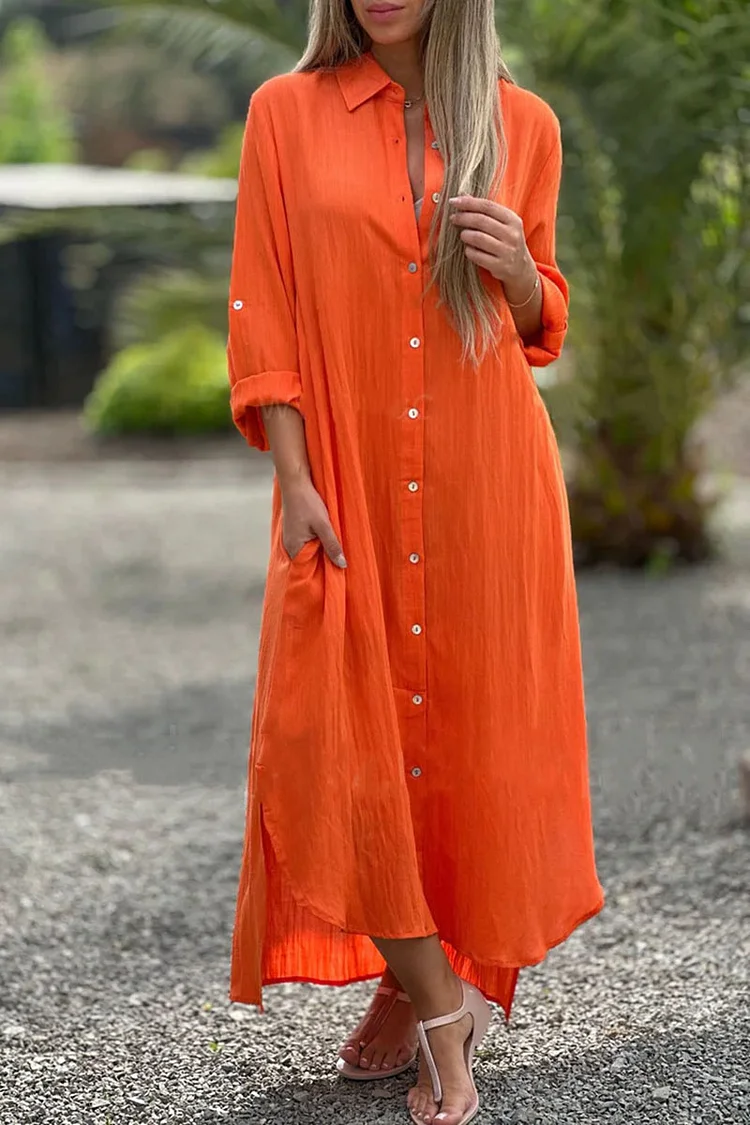 Irregular Hem Solid Color Turndown Collar Loose-Fit Linen Maxi Dresses