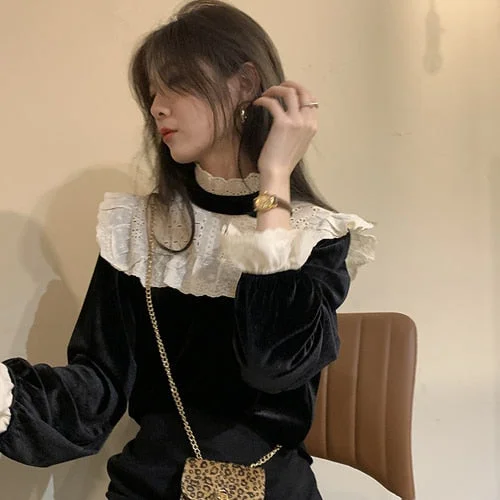 Hot Sales Women Patchwork Hollow Out White Lace Tops Stand Collar Formal Design Black Cute Sweet Ruffled Shirts Blouses D2324