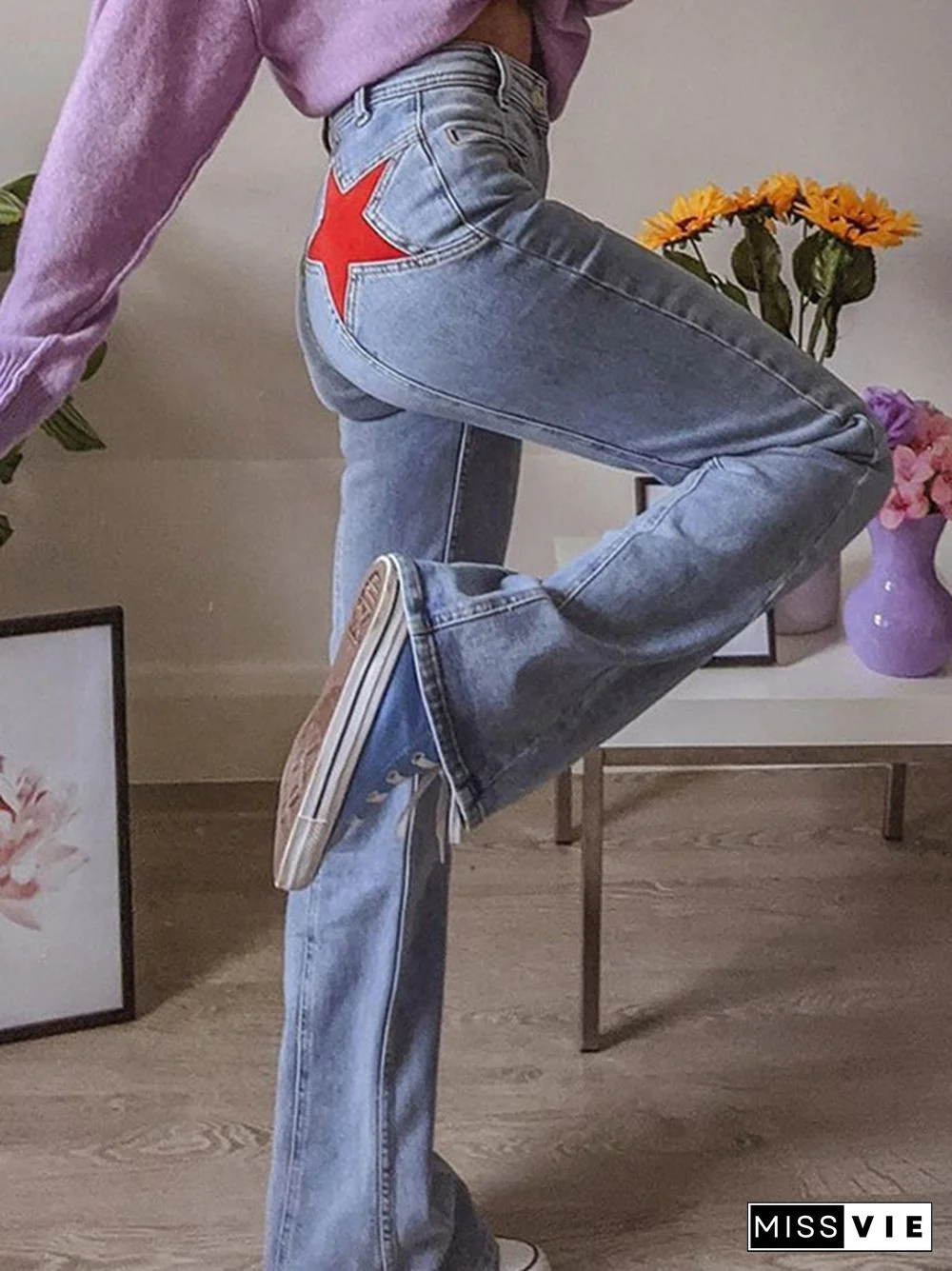 Back Star Patchwork Flare Jeans