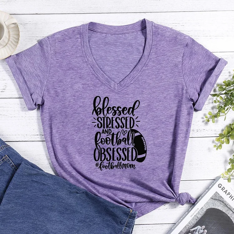 Blessed stressed and football V-neck T Shirt-Annaletters