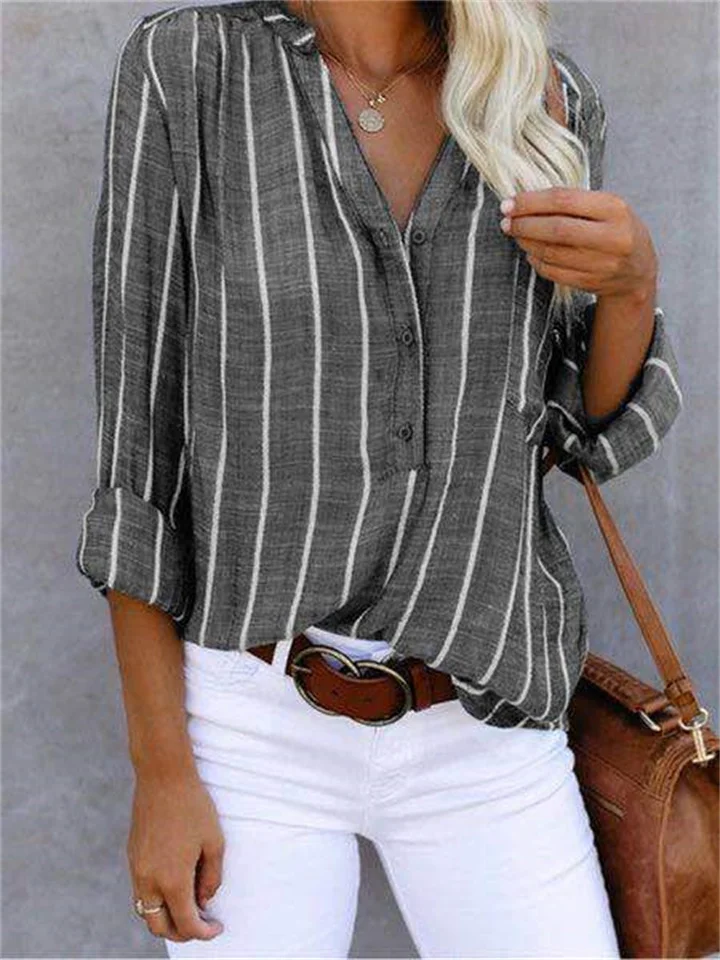 Simple Fashion Print Striped Shirt Straight-type Stand-up Collar Cardigan Long-sleeved Female Comfortable Casual Style