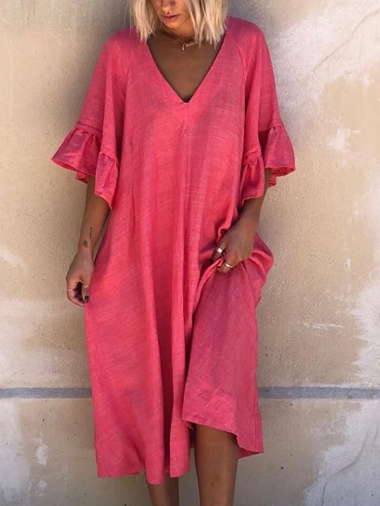 Rose Solid Simple V Neck Linen Dresses