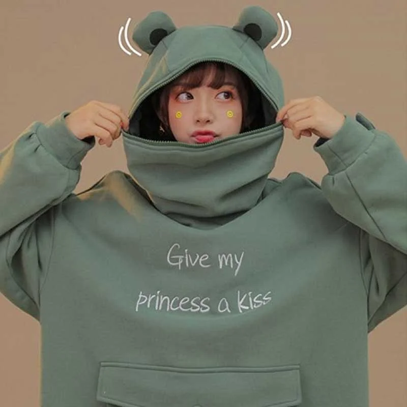 NiceMix Women Autumn Thick Loose Sweatshirt Harajuku Letters Printed Lovely Frog Casual Hooded Hoodies Pullover Female Thicken C