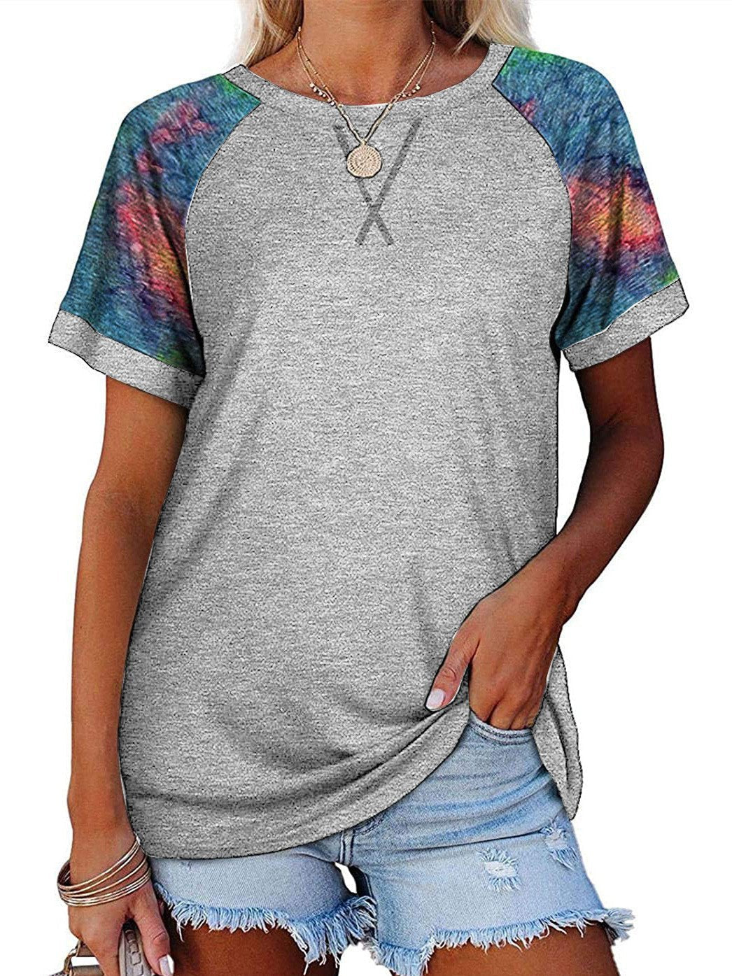 Women Short Sleeve Scoop Neck Printed Stitching Top