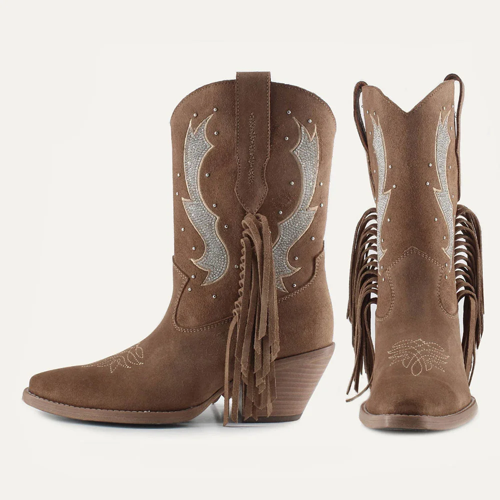 Brown Rhinestone Stacked Heel Fringe Western Boots for Women