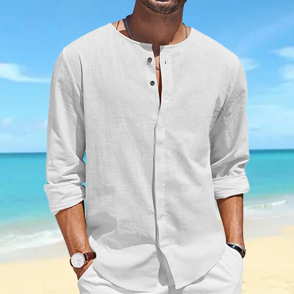 Smiledeer Men's Cotton Linen Long Sleeve Button Collar Casual Beach Shirt