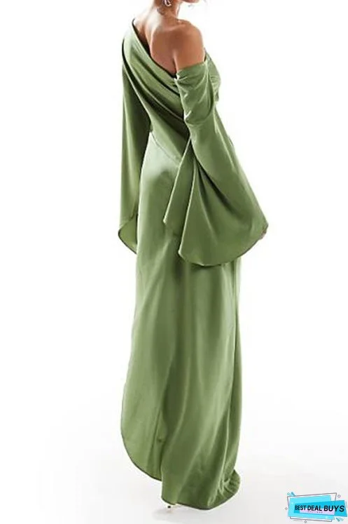 Meridress Cold Shoulder Flare Sleeves Side Slit Maxi Dress