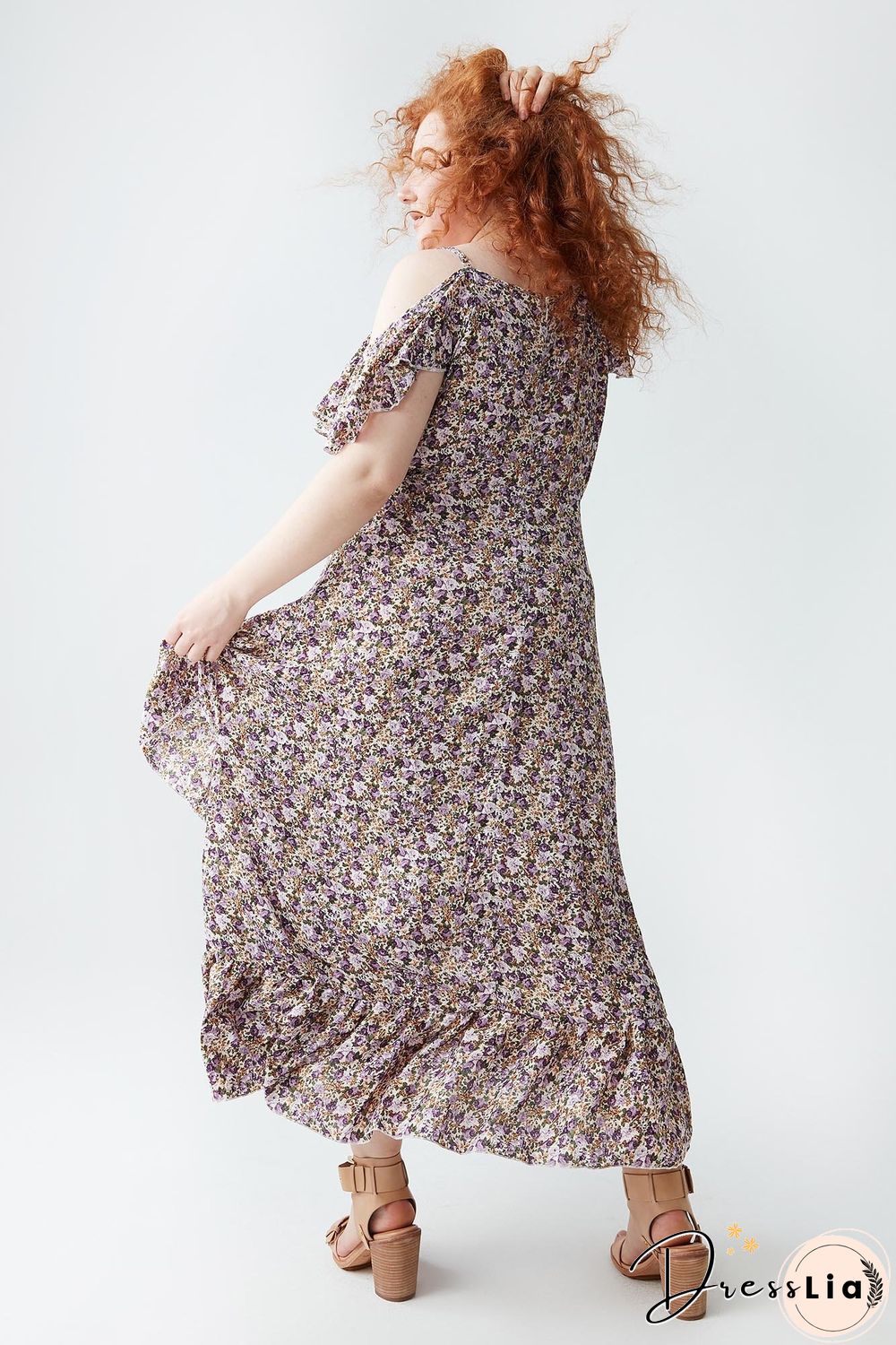 Floral-print Cold-shoulder Ruffled Dress P11993