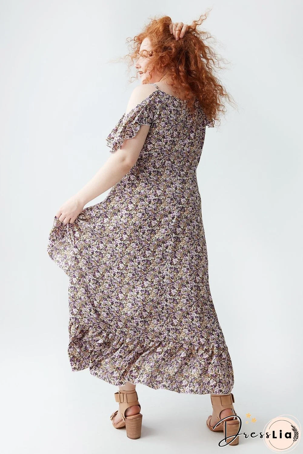 Floral-print Cold-shoulder Ruffled Dress P11993