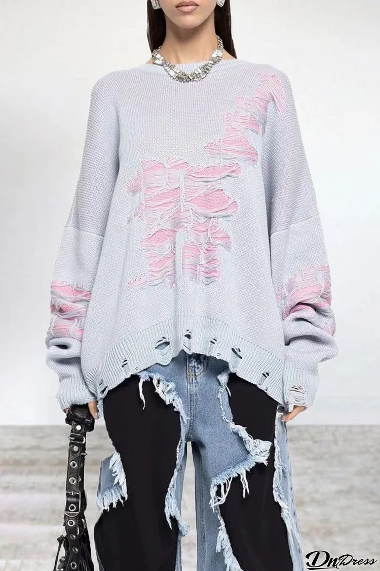Casual Color Block Ripped Contrast O Neck Tops