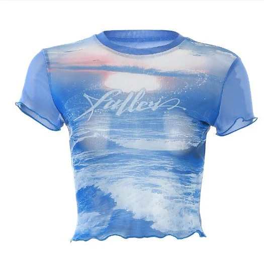 Uveng Sweet Wind Collar Bag Sleeve Cherry Cake Blue T-Shirt In Fashion Summer Wood Ear Exposed Umbilical Babes Top