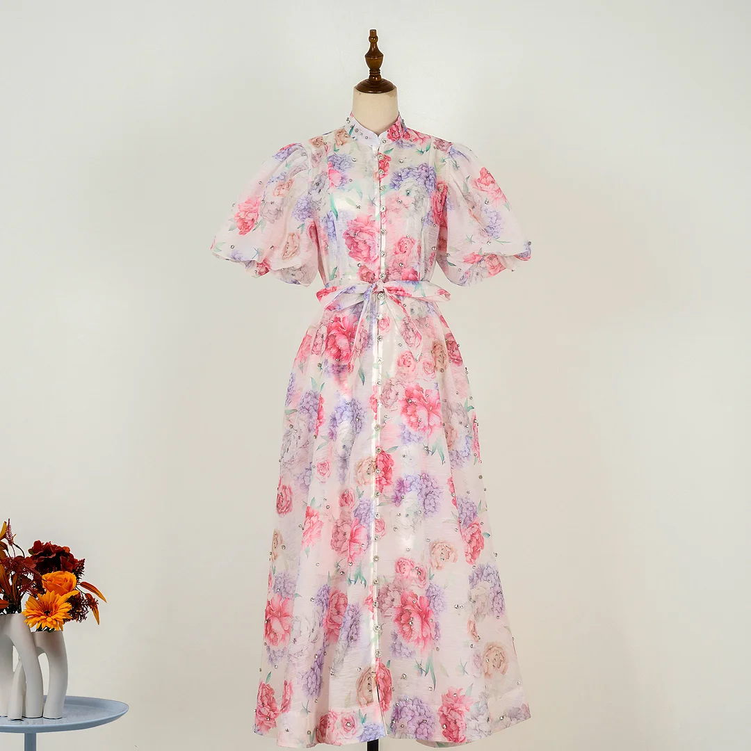 Nigikala Nigikala Court Style High Design Feeling Heavy Industry Nail Drill Short Sleeve Single Buckle Dress + Sling