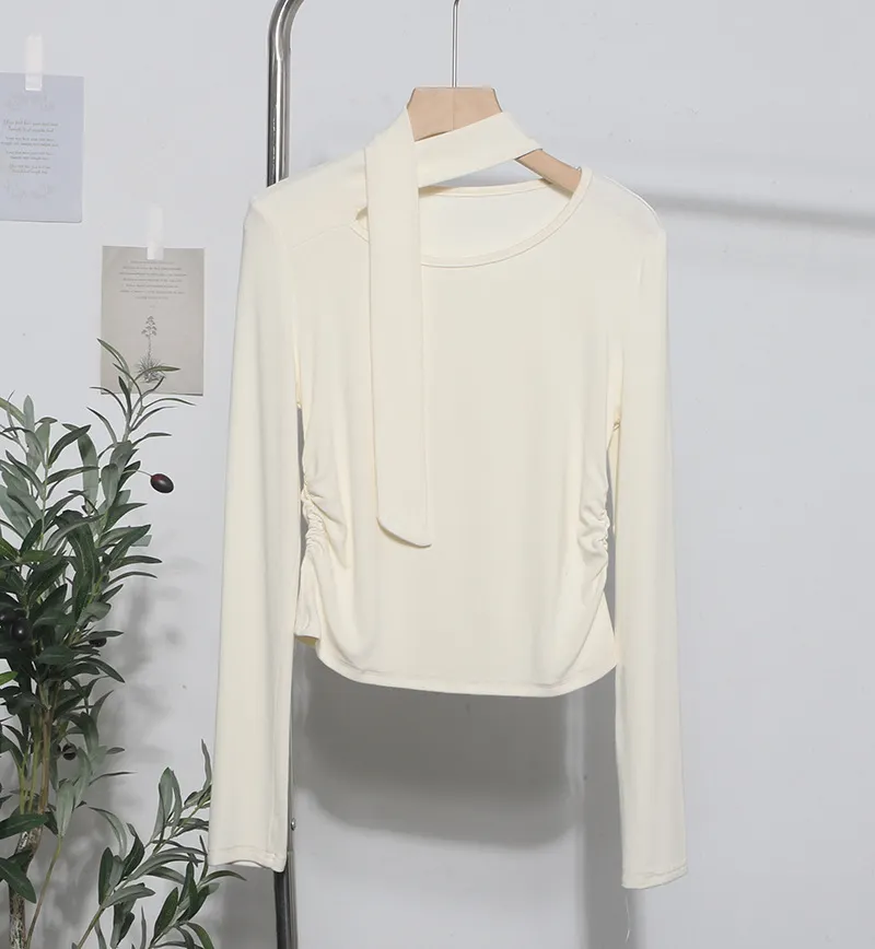 Churchf Ribbon Scarf Hanging Neck Long-Sleeved T-Shirt Girl 2024 Autumn Slim Thin Folded Bottom Shirt 1630