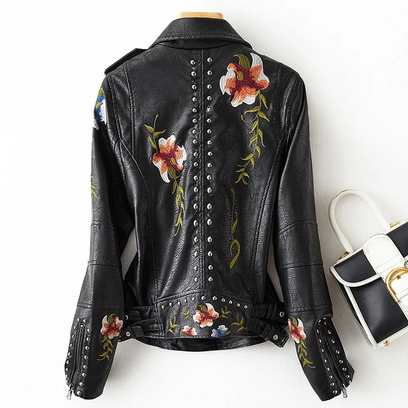 FTLZZ Women Retro Punk Style Fuax Leather Jacket Streetwear Moto Biker Embroidery Floral Print Rivet Pu Coat Oversized Outwear