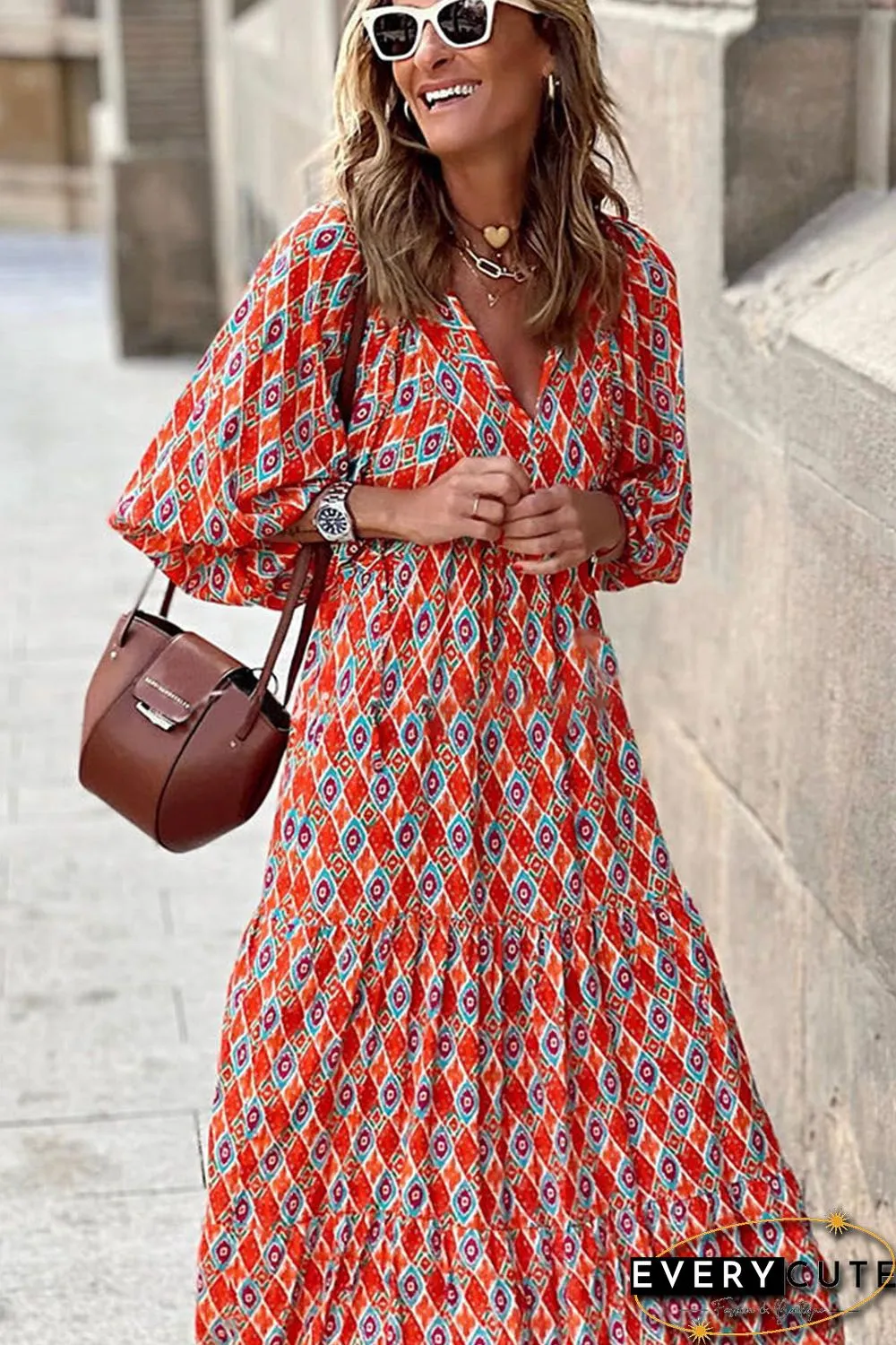 Ethnic Geometry Print Bubble Sleeve Maxi Dress
