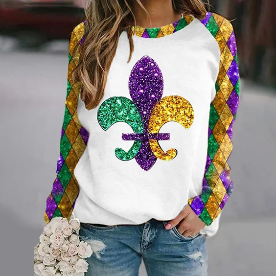 VChics Women's Shiny Mardi Gras Fleur De Lis Print Casual Sweatshirt