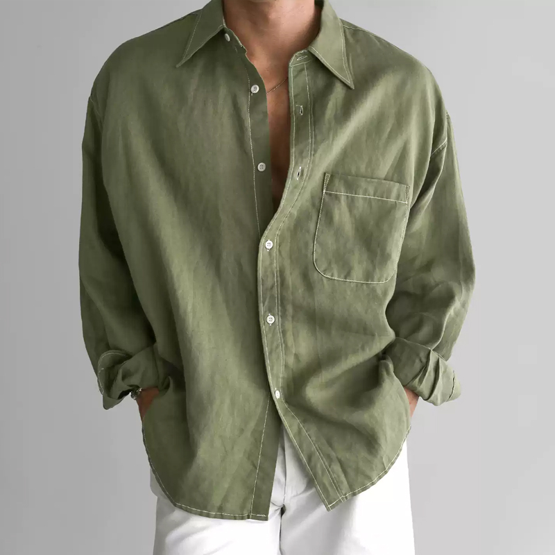 Men's Summer Light Green Linen Long Sleeve Shirt