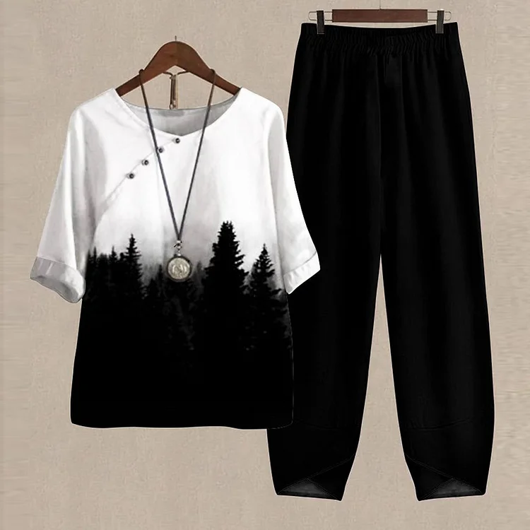 Loose Landscape Printed Round Neck T-Shirt Two-Piece Set
