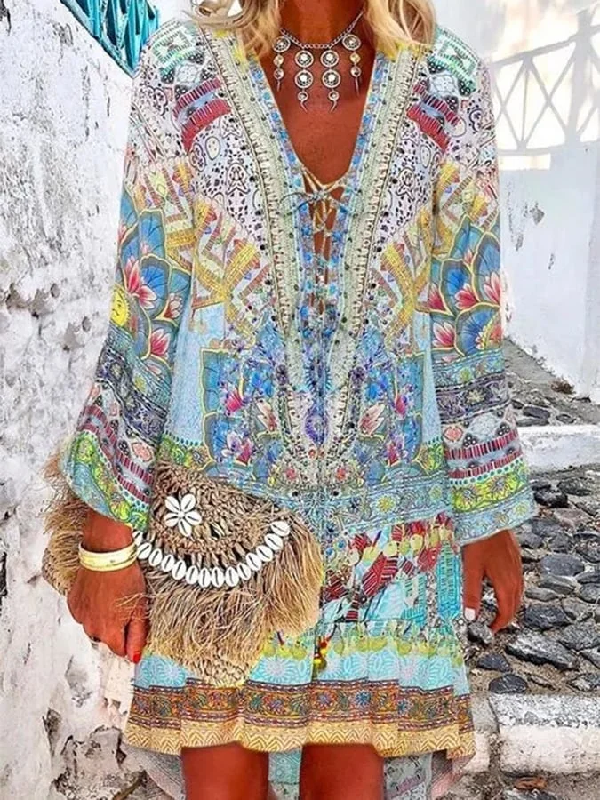 Women's Comfortable Casual Retro Resort V-Neck Dress