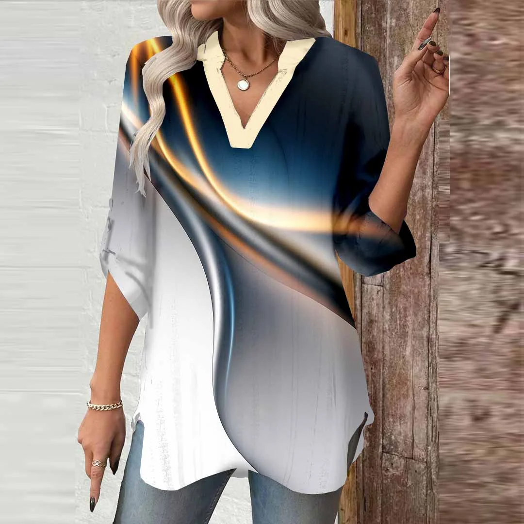 Women Geometric,Blue,Gold DZGA0677 3/4 Sleeve V-neck Printed Graphic Button Tops