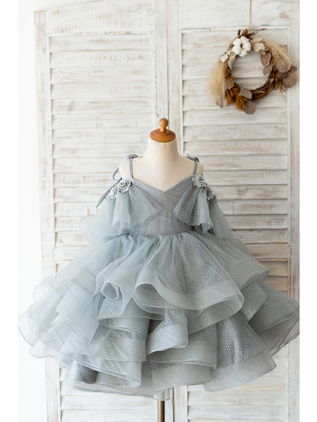 Oknass Ball Gown Sleeveless Spaghetti Strap Flower Girl Dresses Tulle  With Bow Beading  Flower