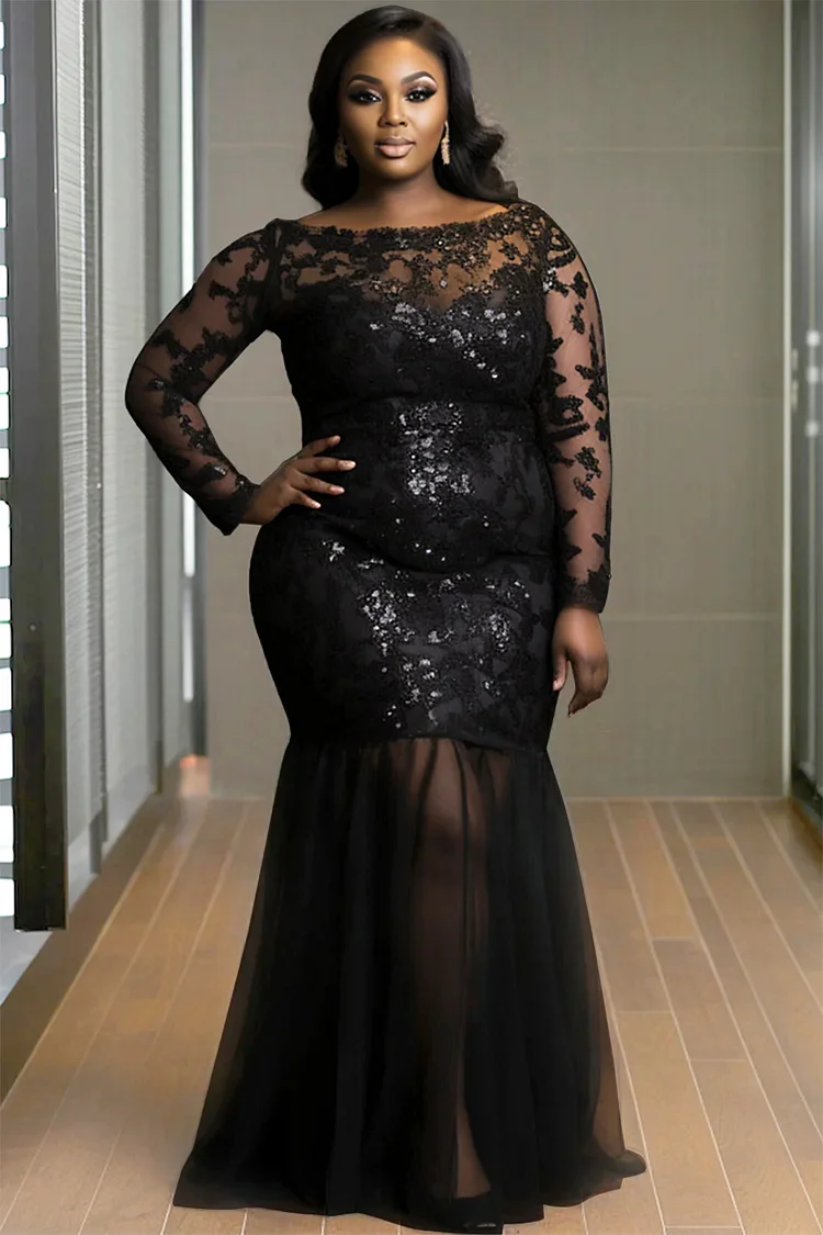 Xpluswear Design Plus Size Formal Black Boat Neck Long Sleeve Mermaid See Through Tulle Lace Maxi Dresses [Pre-Order] 2024 - Xpluswear