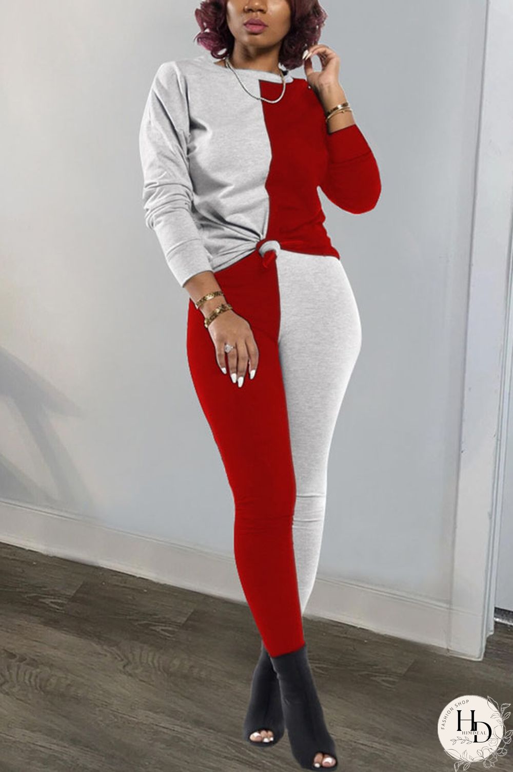 rose red and blue Polyester Sexy Patchwork Solid pencil Long Sleeve Two Pieces