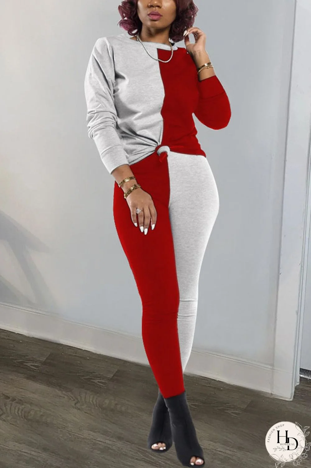 rose red and blue Polyester Sexy Patchwork Solid pencil Long Sleeve Two Pieces