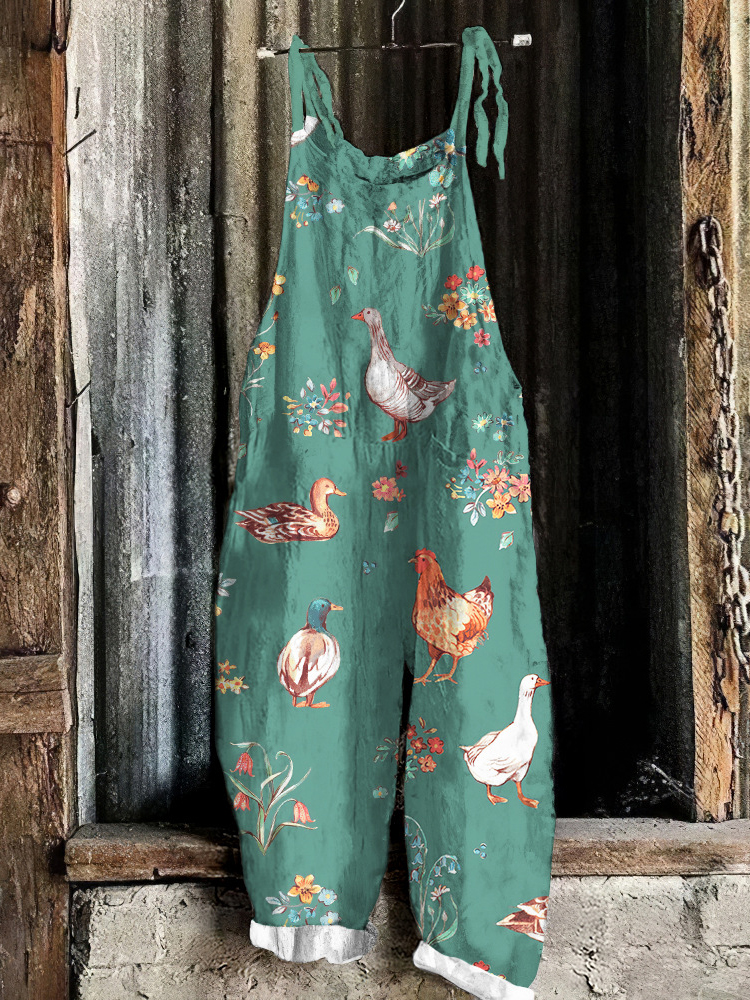 Women's Cute Print Linen Blend Casual Jumpsuit