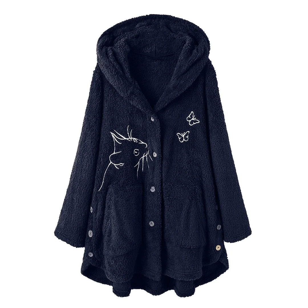 Women's Winter Coat Hoodied Printed Button Plush Loose Wool Coat