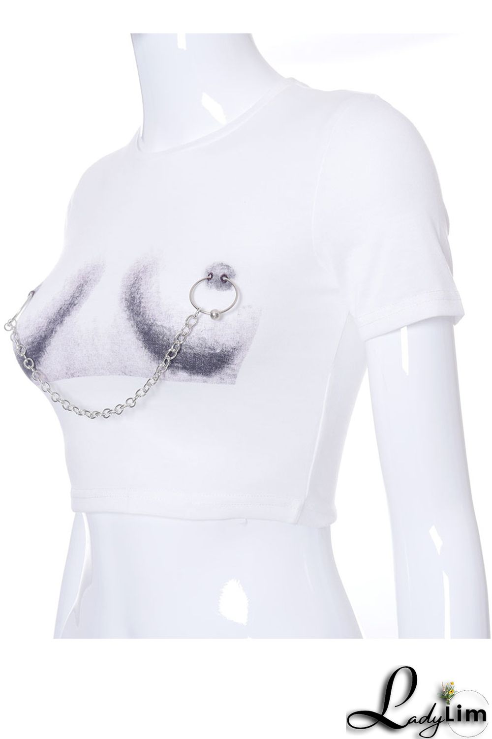 White Fashion Casual Print Patchwork Chains O Neck T-Shirts