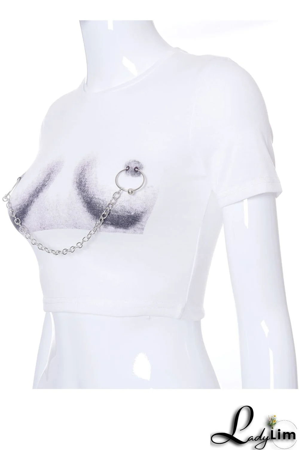 White Fashion Casual Print Patchwork Chains O Neck T-Shirts