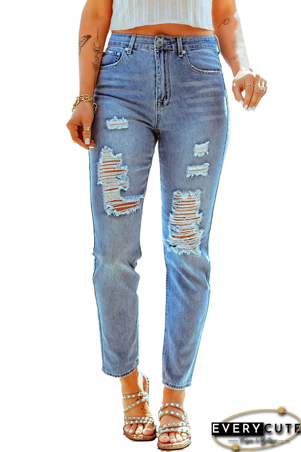 Sky Blue Distressed Slits Straight Jeans