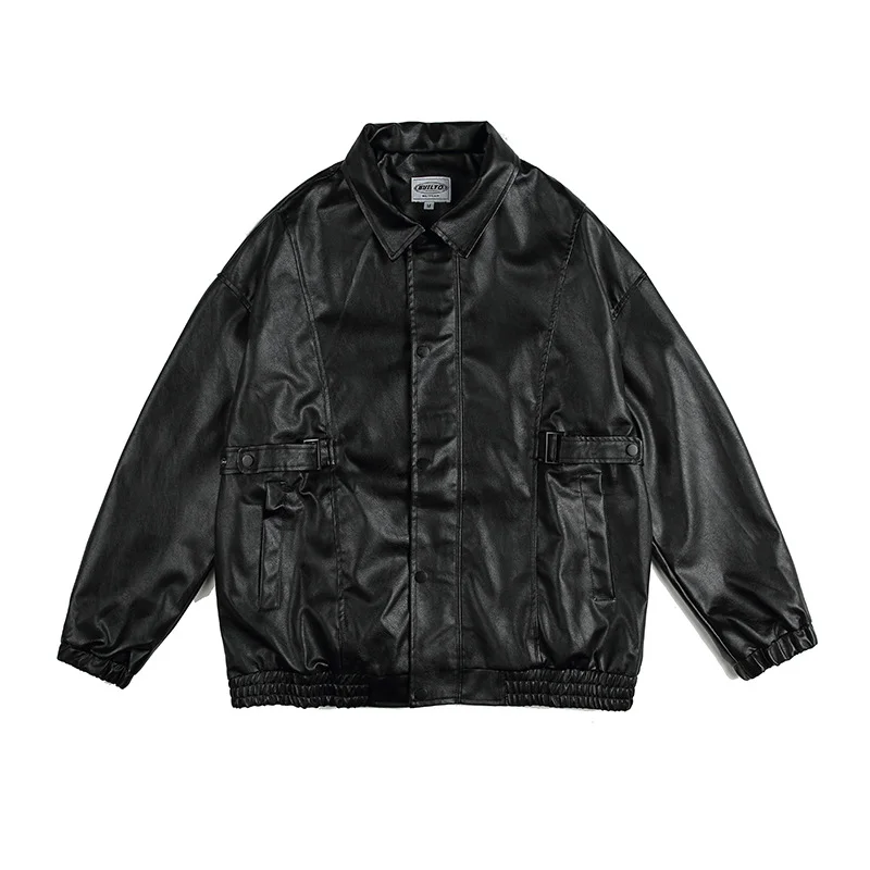 Men's PU Leather Lapel Jacket Retro Loose Long-sleeved Leather Biker Jacket