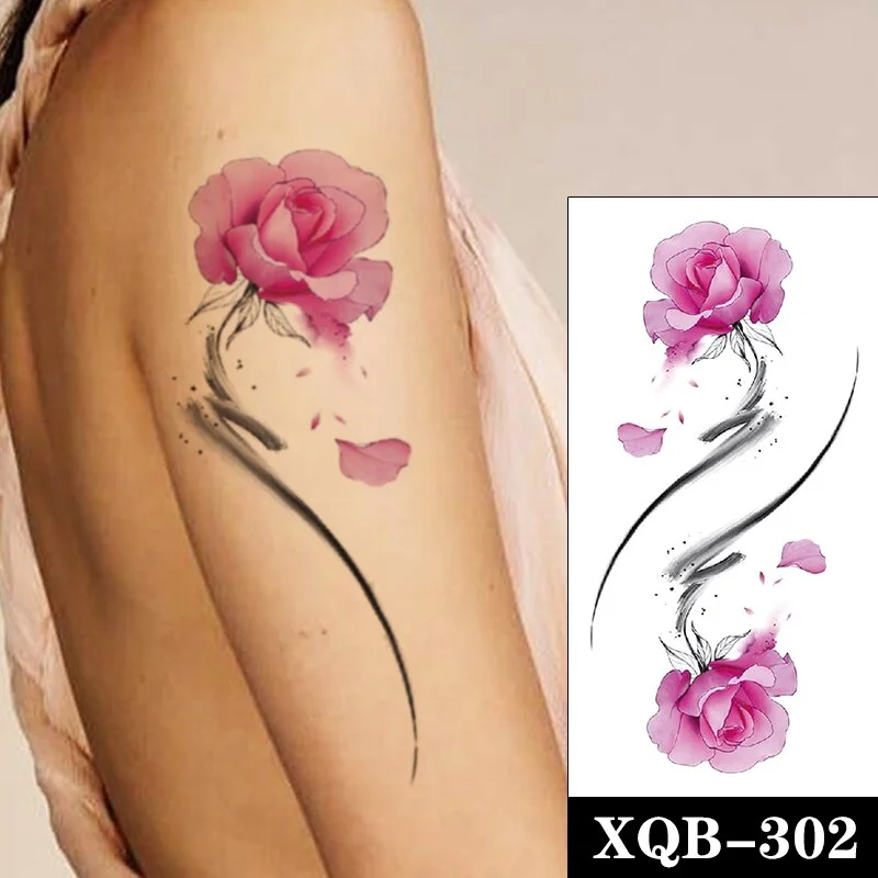 Waterproof Temporary Tattoo Sticker Pink Watercolor Flower Leaves Ink Totem Fake Tattoos Flash Tatoos Arm Body Art for Women Men