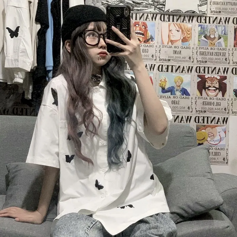 Long-sleeved Button Up Shirt Women Oversized Blouse Top 2021 Loose Butterfly Print Harajuku Detachable Shirts Korean Fashion Top