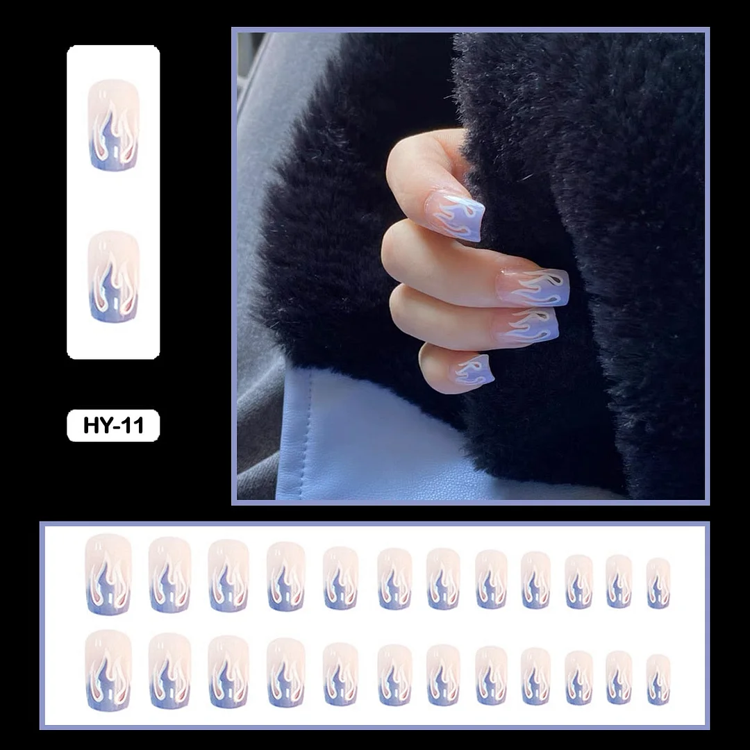 24PCS Dark Punk False Nails with Glue Gradient Long Detachable Fire Stick on Nails Skull Flame  Art DIY Fashion Manicure Tool-Nail Inspo