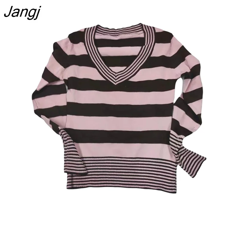 Jangj Fairycore Long Sleeve Striped T-Shirt Women Autumn V Neck Slim Fit Ribbed Knit Pullover Tops Harajuku Vintage Streetwear