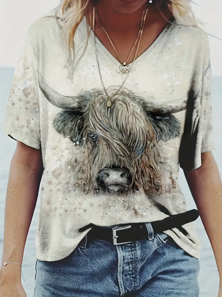 Cow Head Print V Neck T-Shirt