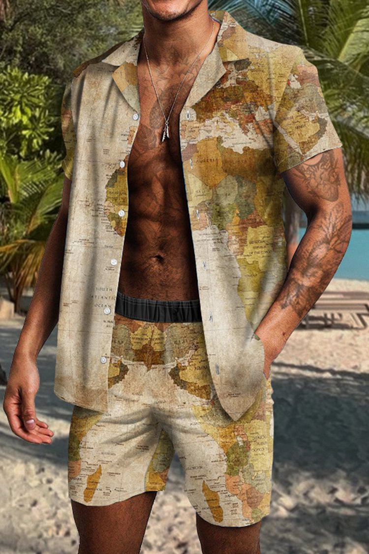 Tiboyz Men's Outfits Leisure Map Print Shirt And Shorts Two Piece Set